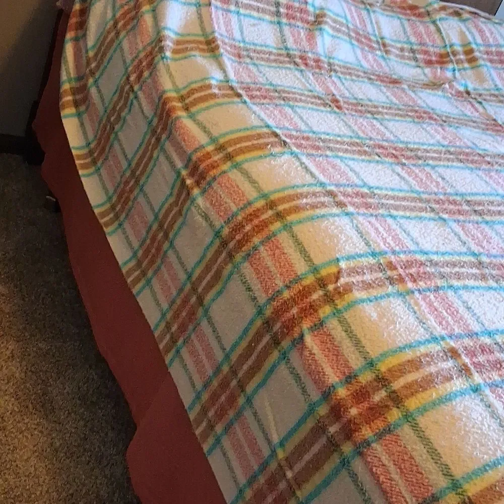 Acrylic Plaid Blanket Green White Pastels 75